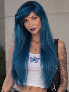 🎃  RockStar Wigs Dark Root Bella Turquoise Long Blue Wig NWT